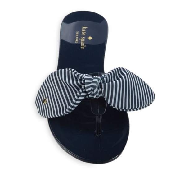 KATE SPADE Navy Blue Jelly Flip Flop Sandals Striped Fabric Bow Size 8 - Picture 3 of 15